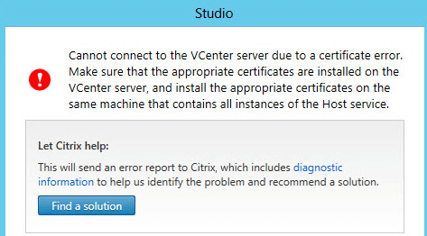Cannot connect to the vCenter server due to a certificate error.
